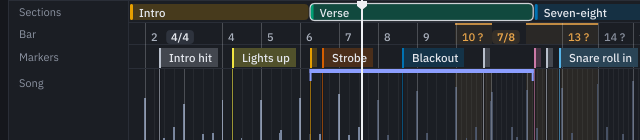The rows above the waveform: the section band with Intro, Verse and Seven-eight, each in its own colour; the bar numbers; and the markers Intro hit, Lights up, Strobe, Blackout and Snare roll in, each a coloured tag at its place.
