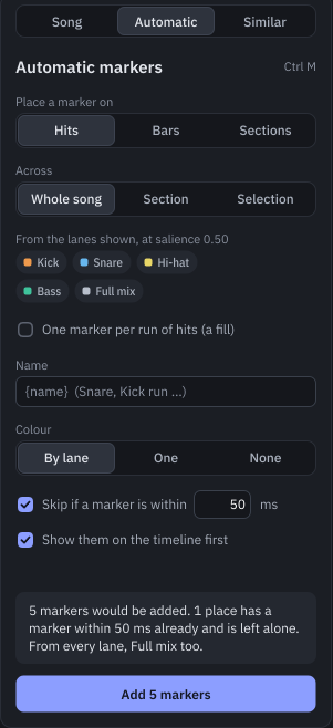 The Automatic markers panel: place a marker on hits, bars or sections, across the whole song, a section or a selection, from the lanes shown at a salience, named and coloured by lane, skipping places that already have a marker, shown on the timeline first; it reads "5 markers would be added" above the Add 5 markers button.