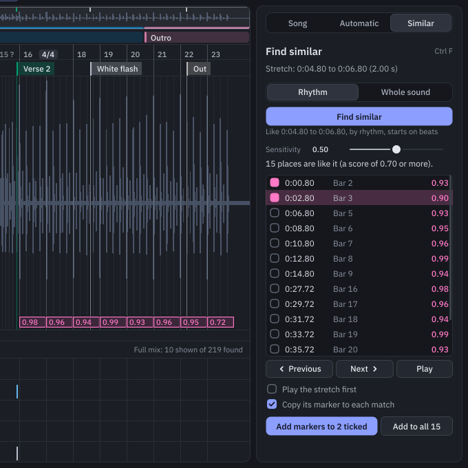 Find similar: for a two-second stretch, fifteen places with the same rhythm, each with its time, bar and score, also shown in pink on the waveform, with Add markers to 2 ticked.
